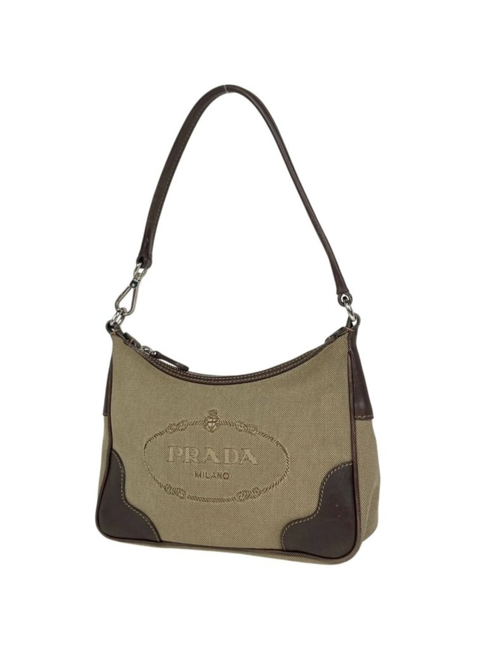 Prada Logo Jacquard Handbag Pouch Canvas Brown